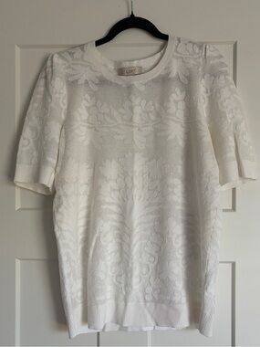 LOFT Cream Floral Jacquard Short-Sleeve Knit Top